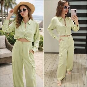 House of Harlow 1960 Lime Green Satin Shirt + Wide Leg Cargo Pant Set  XS/S